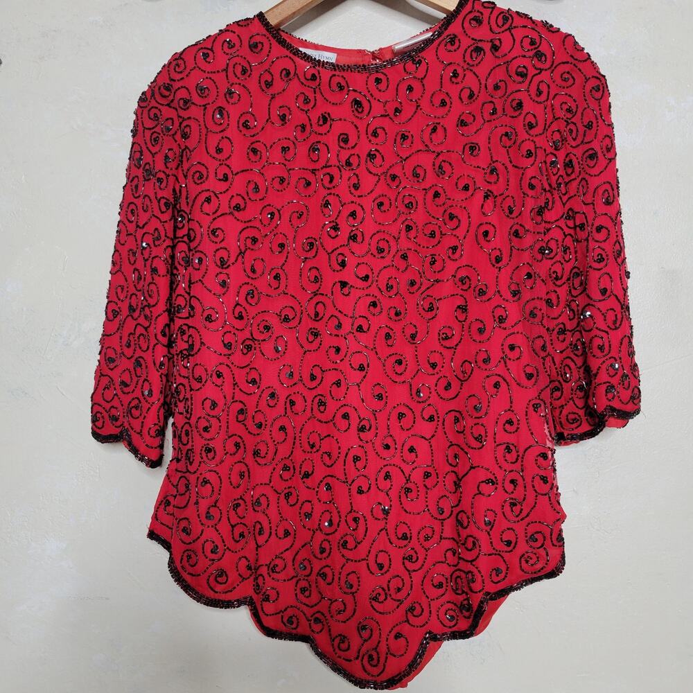 VTG Praise Hymn Fashions Pure Silk Red Bead Sequin Asymmetrical Formal Blouse✨️M